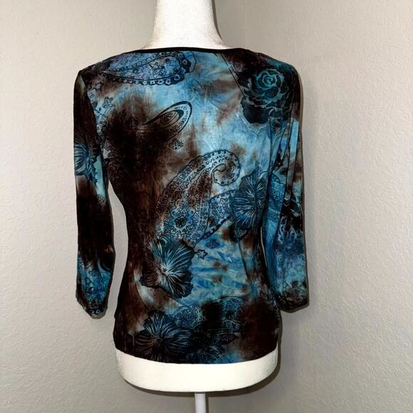 Vintage Y2K Blouse Top Women's Brown Blue Fairy Boho Lace Trim Medium Cottage - Picture 3 of 7